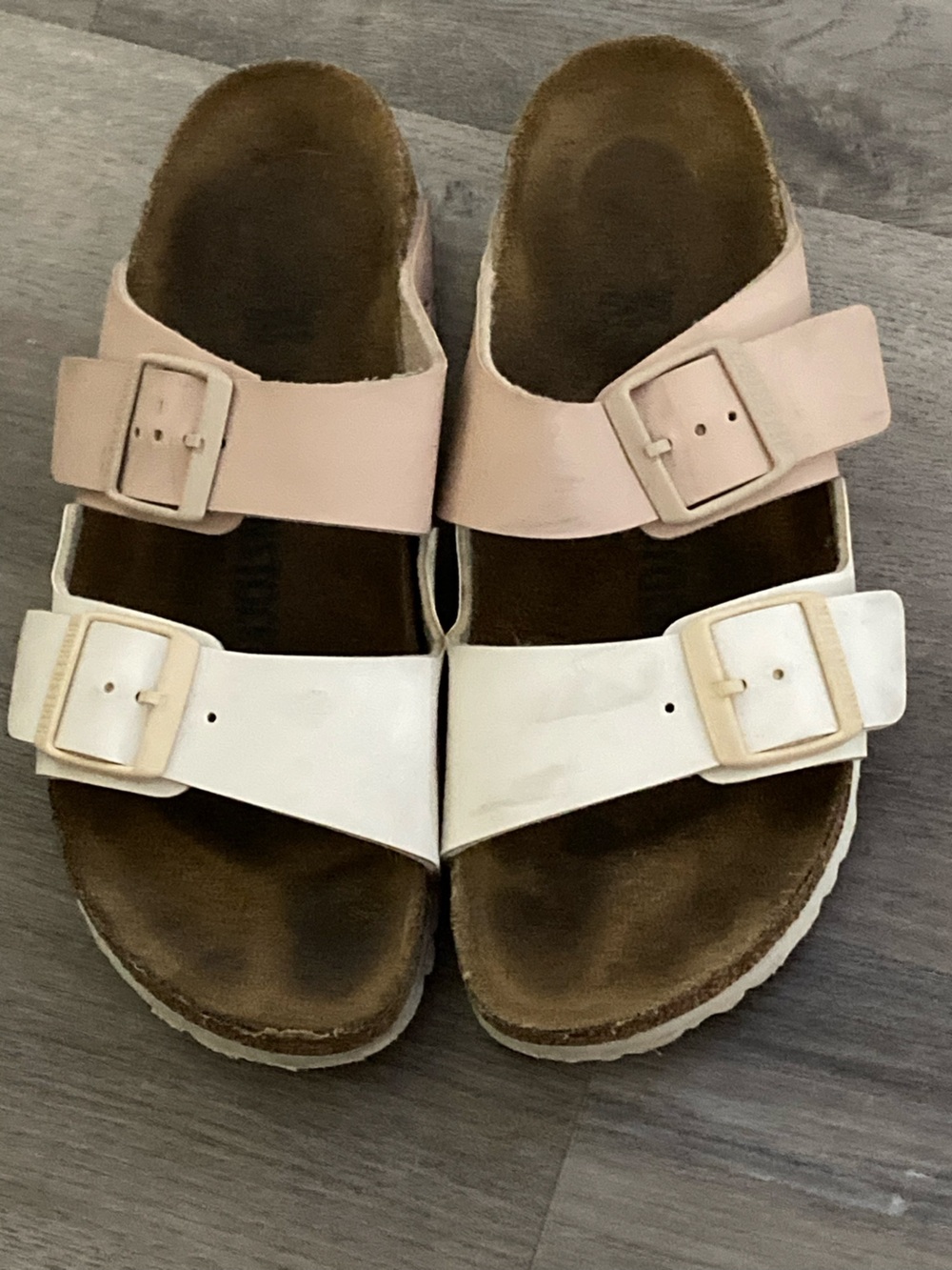Birkenstock Two-Buckle Slides in Blush Pink & White